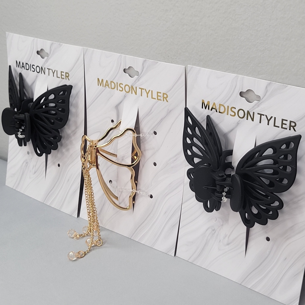 3 Madison Tyler Butterfly Hair Clips - 2 Matte Black, 1 Gold with Chains & Beads